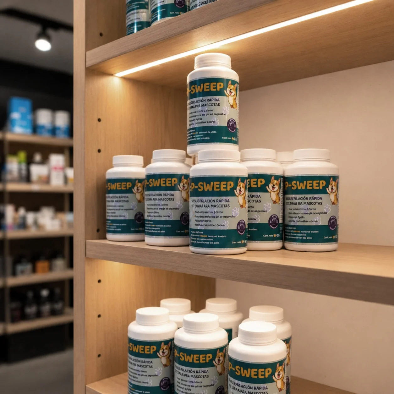 Envases de P-sweep en estantería de pet shop iluminada