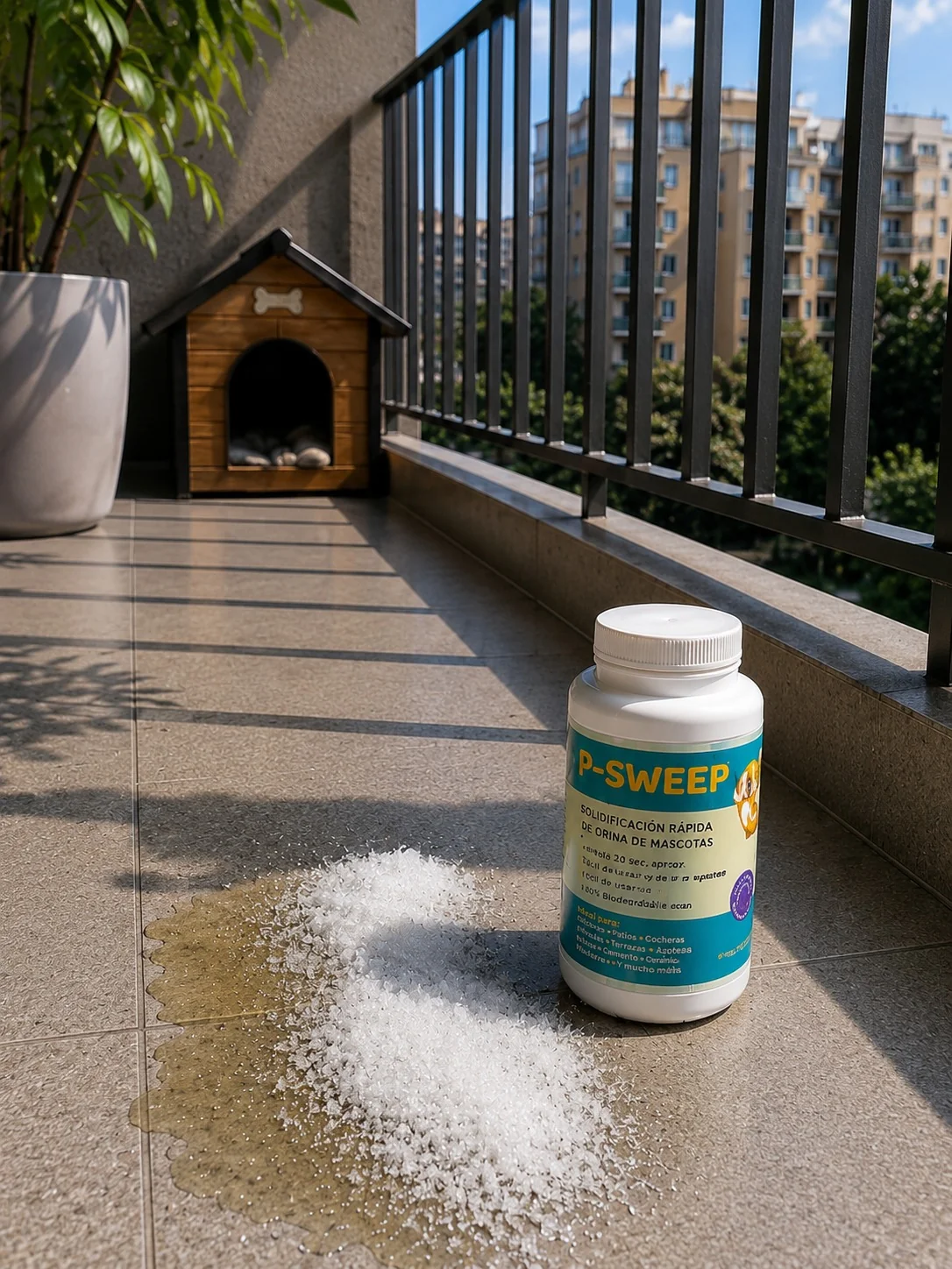 Envase de P-sweep junto a orina solidificada sobre el piso de un balcón con cucha de mascota