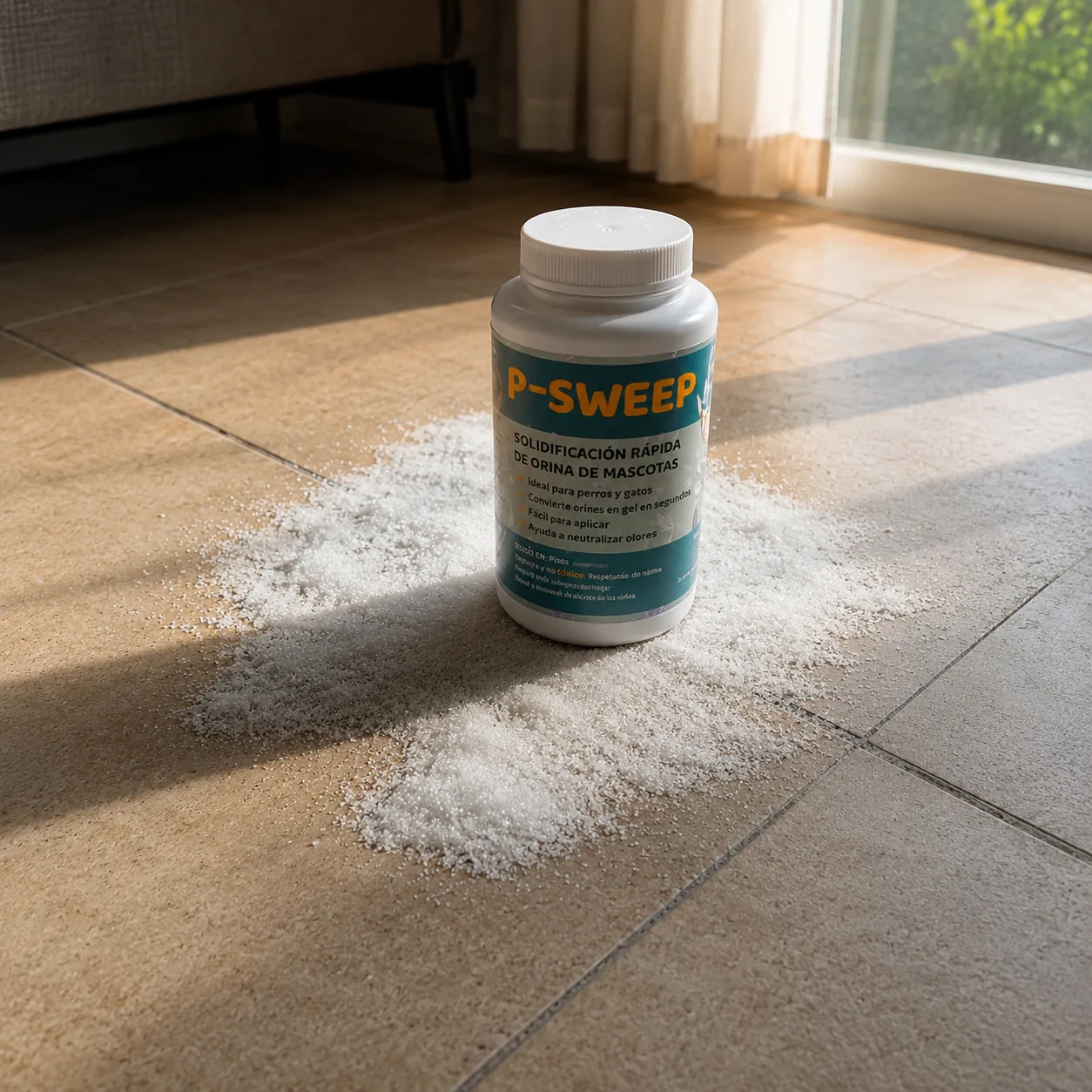 El polvo P-sweep absorbiendo la orina y solidificándola en gel