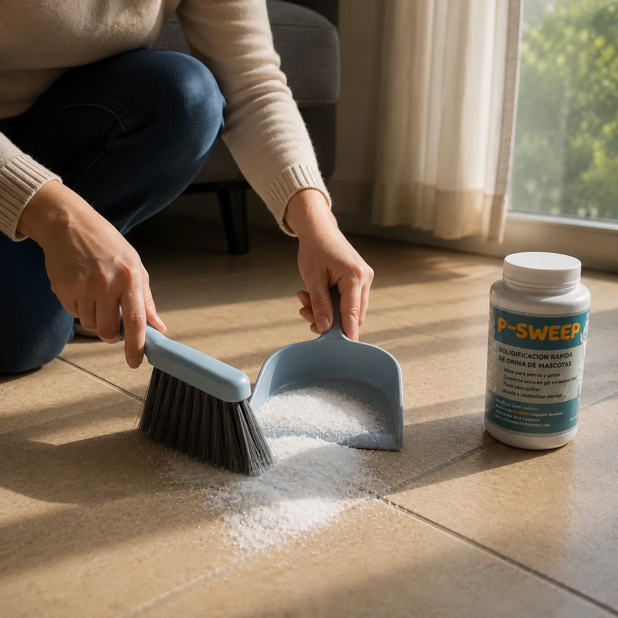 Mano barriendo el gel solidificado con escobilla y pala