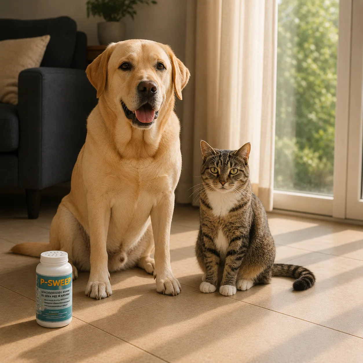 Piso seco y limpio con un perro y un gato relajados al lado del envase P-sweep
